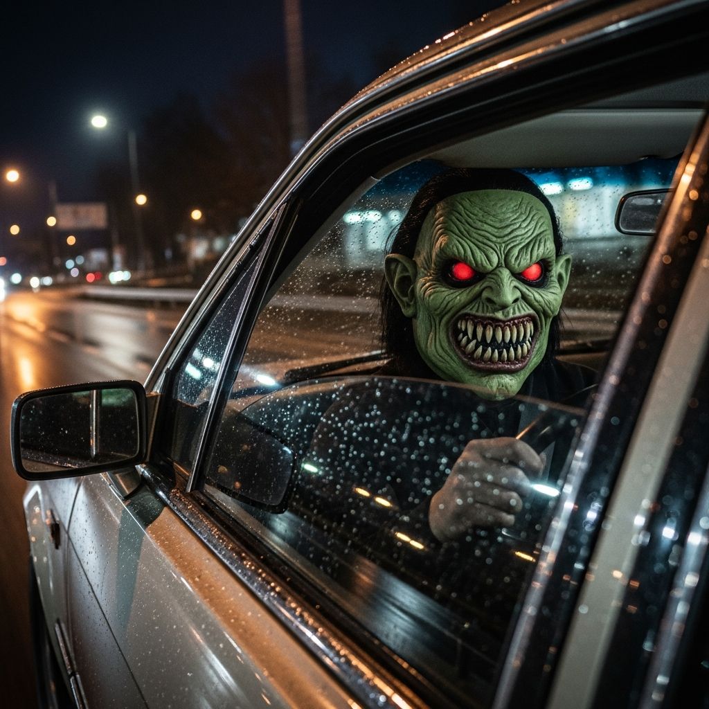 Understand how traffic laws, mask bans, and public safety rules affect wearing costume masks while driving on Halloween or any other day.