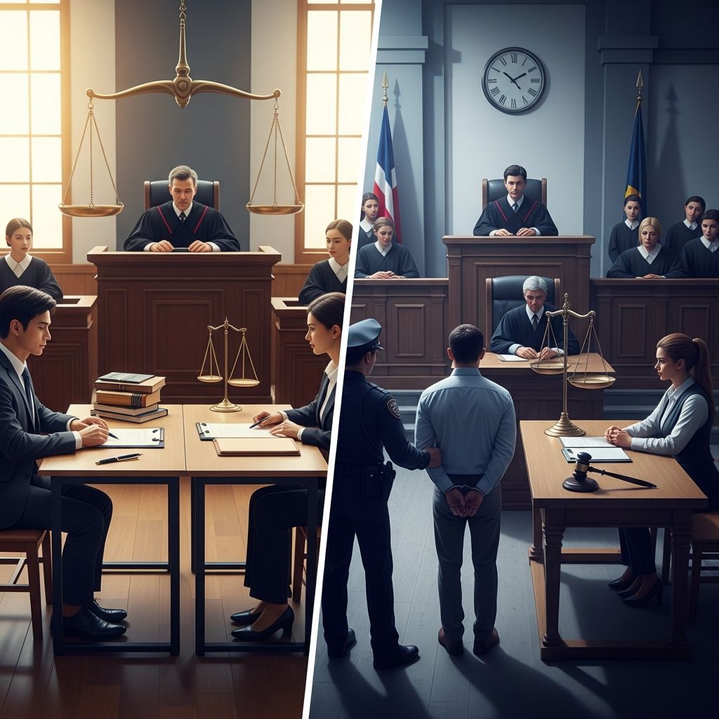 Understand how civil and criminal cases differ in purpose, procedure, parties, and outcomes before you step into any courtroom.
