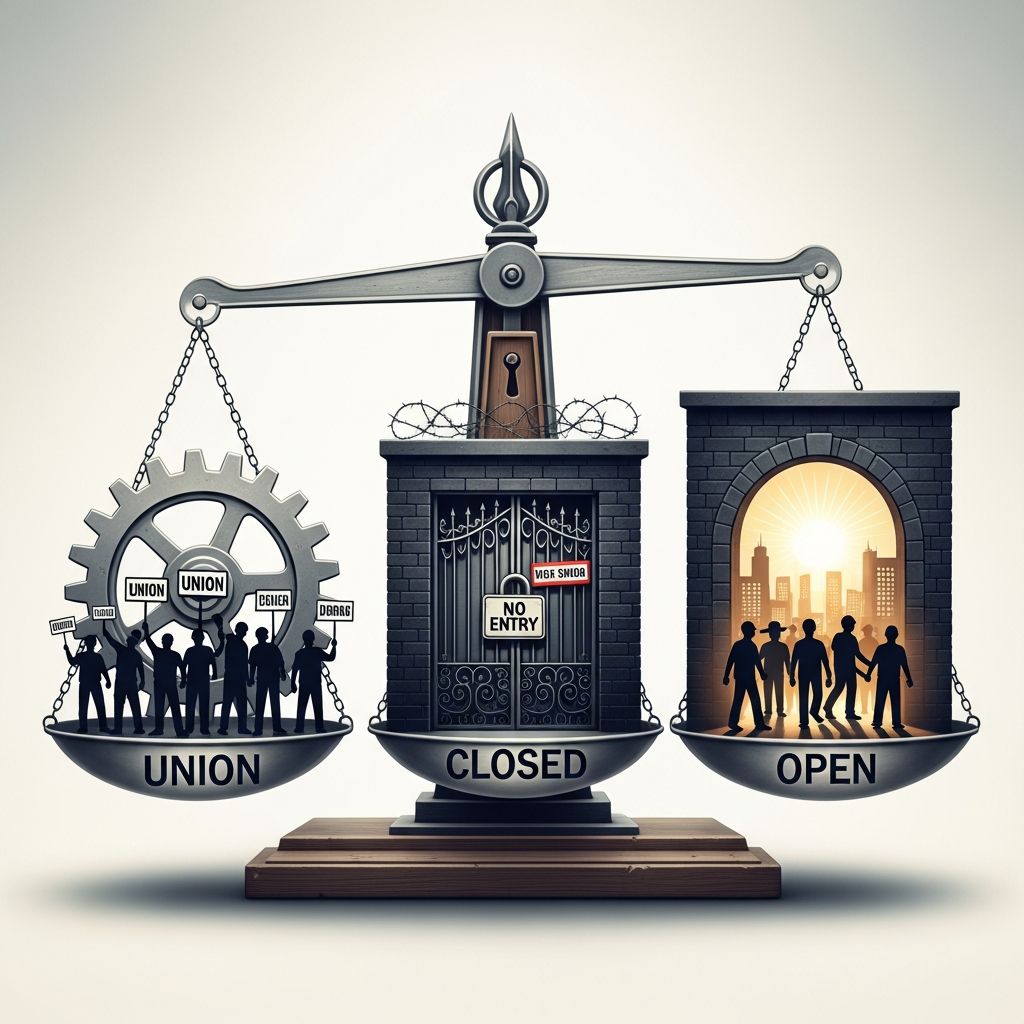 Understand how union, closed, agency, and open shops differ, and how federal and state laws determine what employers and workers can require.