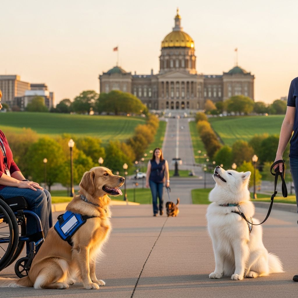 Comprehensive guide to Iowa's rules on service dogs, emotional support animals, rights in public, housing, and penalties for misuse.