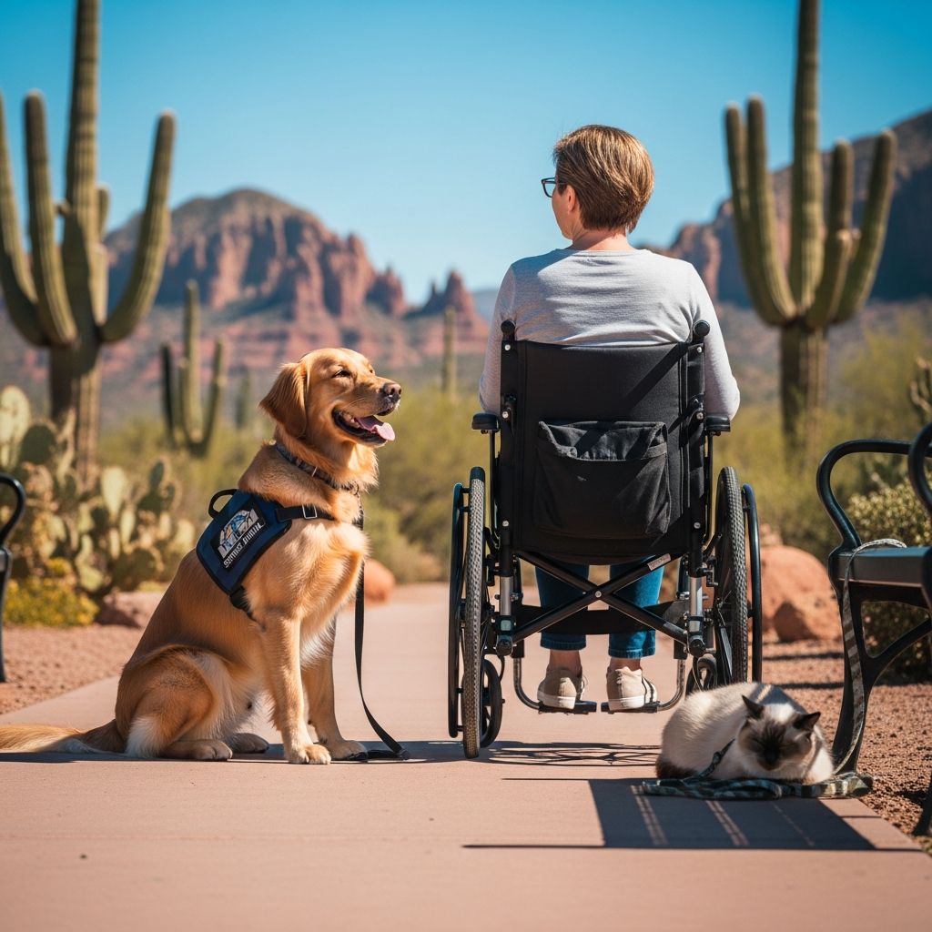Comprehensive overview of Arizona's rules for service dogs, miniature horses, and emotional support animals in public, housing, and transport.