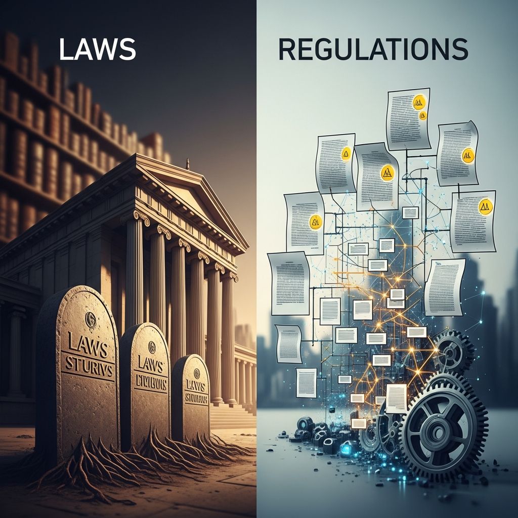 Unravel the essential differences between laws and regulations: origins, enforcement, and real-world impacts on daily life and business.