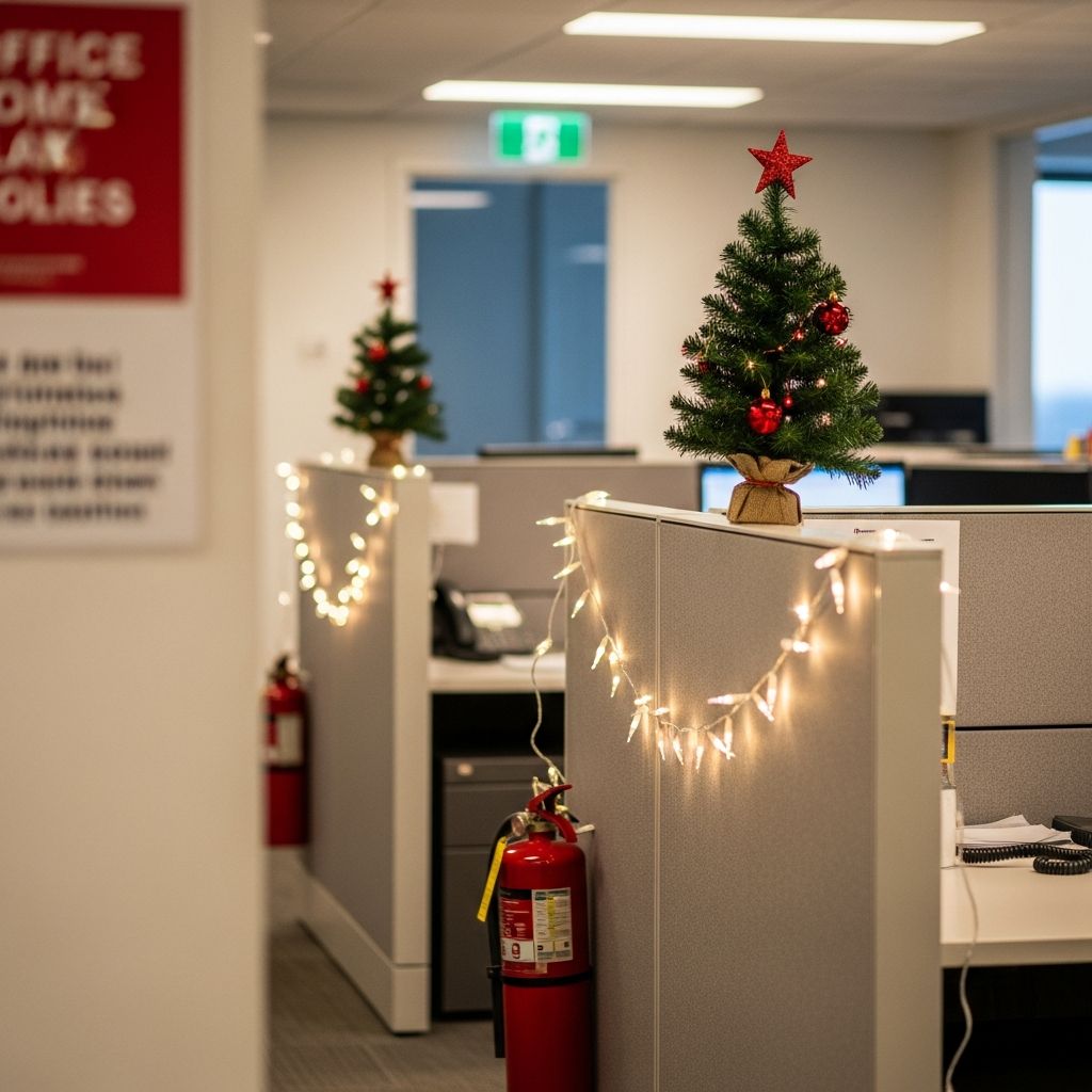 Master essential guidelines for festive office decorations while maintaining legal and fire safety standards.