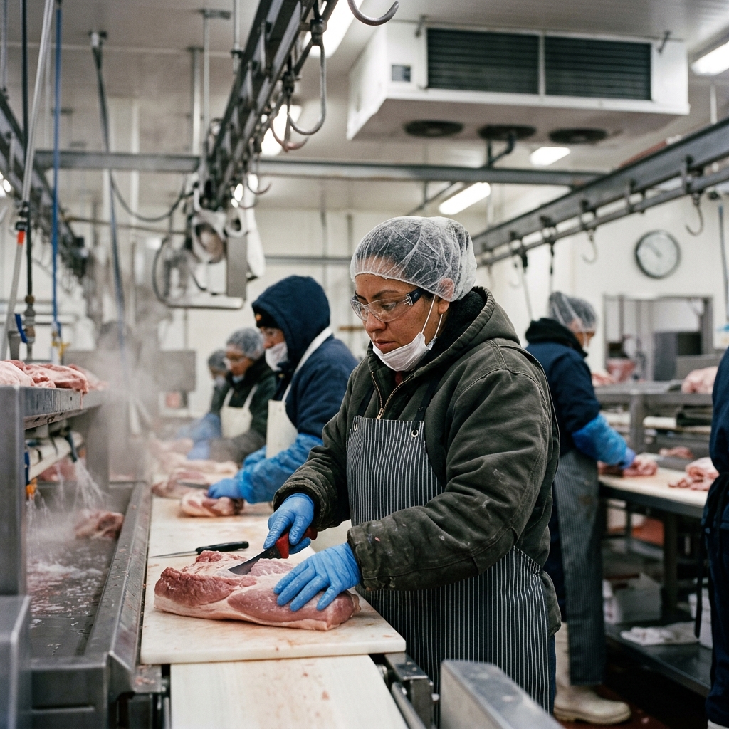 Systemic exploitation and severe hazards facing migrant meatpacking workers.