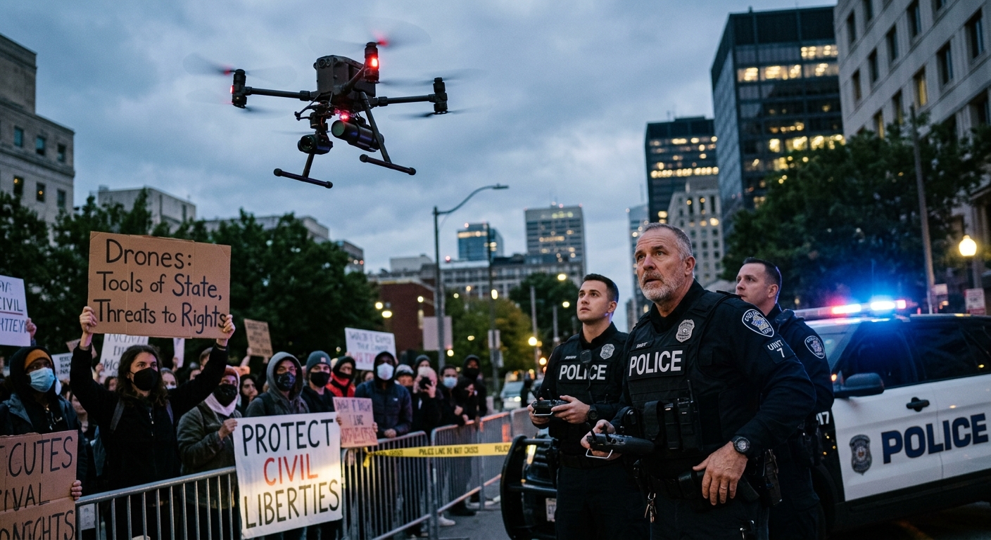 Legal and ethical implications of armed police drones in American skies.