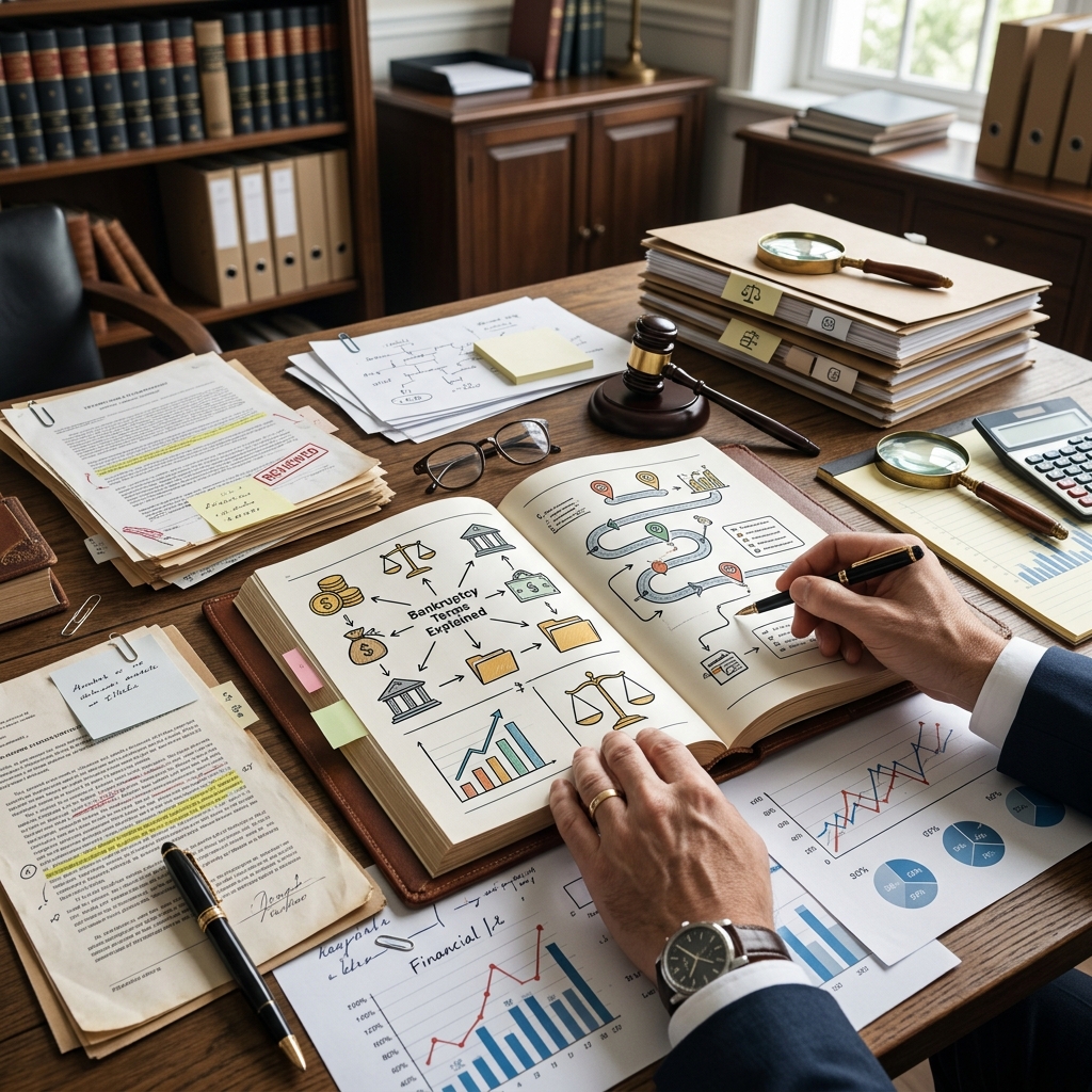 A clear guide to the most common bankruptcy words, roles, and case concepts.