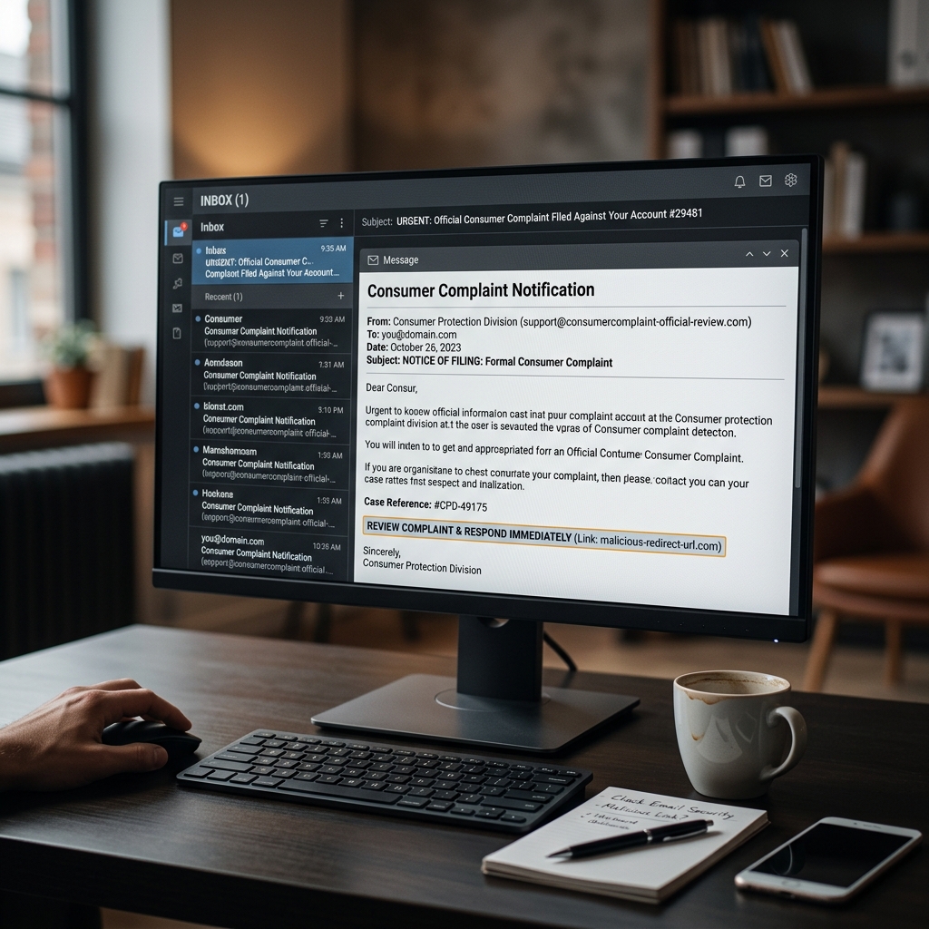 Learn how to spot, avoid, and respond to phishing emails that pretend to be official consumer or government complaint notices.
