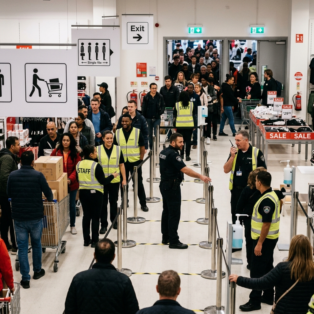 Practical crowd-control guidance for retail employers facing holiday shopping surges.