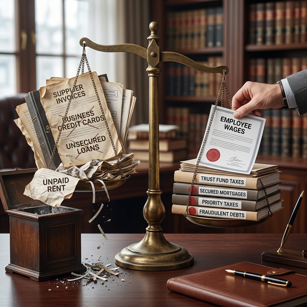 Understand which business obligations can be erased in bankruptcy, which survive the case, and how different chapters treat your company’s debts.
