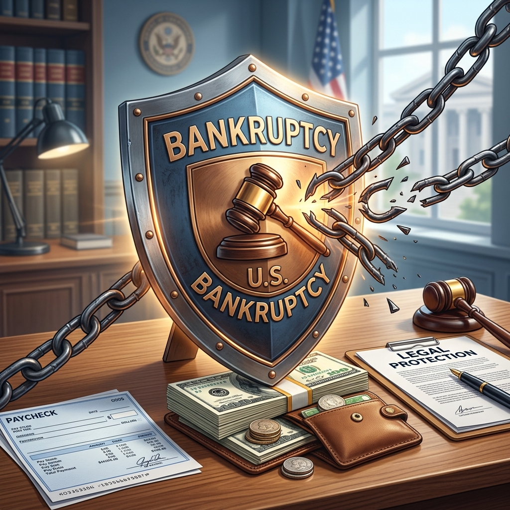 Learn when bankruptcy pauses wage garnishment and when the debt may still survive.
