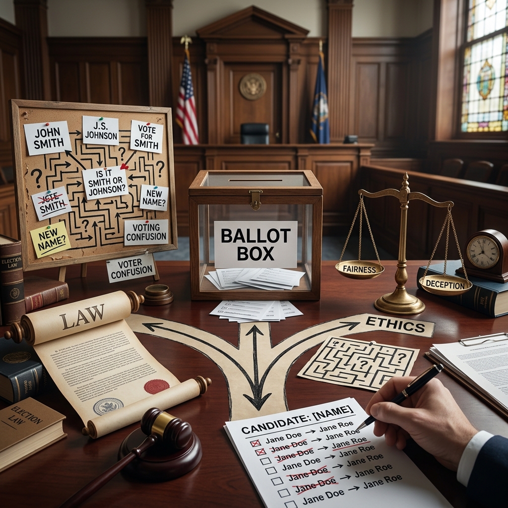 Exploring how legal name changes, famous surnames and ballot rules intersect with ethics, deception claims and voter protection in modern elections.