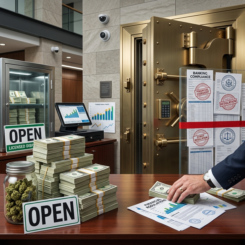 Legal marijuana sales are booming, but federal banking rules still push many licensed cannabis businesses into risky all‑cash operations.