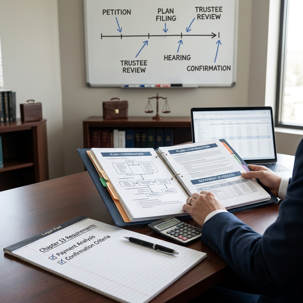 Learn how Chapter 13 repayment plans are built, how the confirmation hearing works, and what to expect from start to discharge.