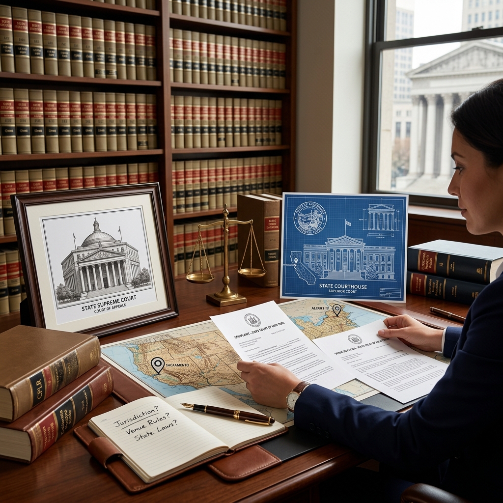 Learn how jurisdiction, venue, and court structure determine where your civil or criminal case will be heard in the state court system.