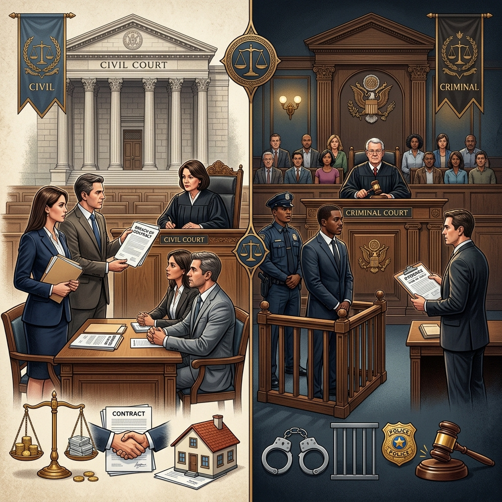 Learn how civil and criminal cases differ in purpose, process, evidence, and outcome.