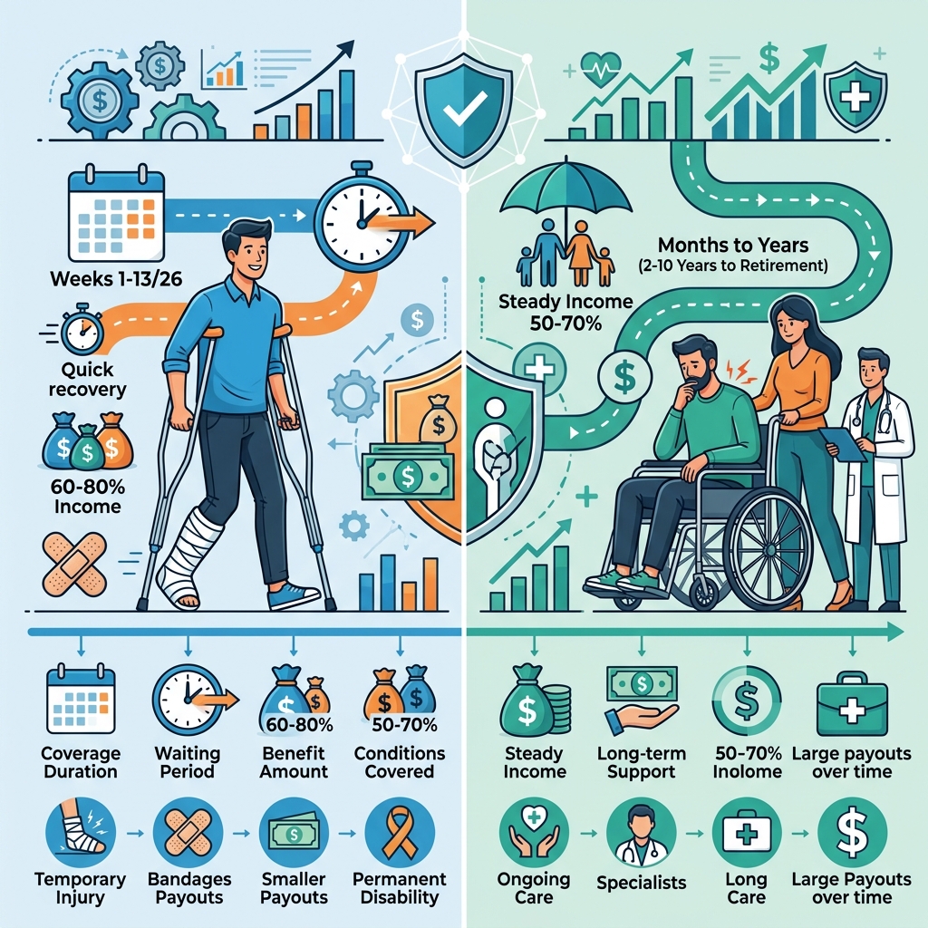 Comparing Long-Term and Short-Term Disability Insurance Understand how long-term and short-term disability insurance work so you can protect your income when illness or injury keeps you from working.