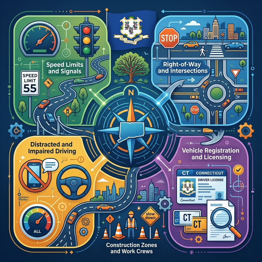 A practical overview of Connecticut driving rules, penalties, and road-safety obligations.