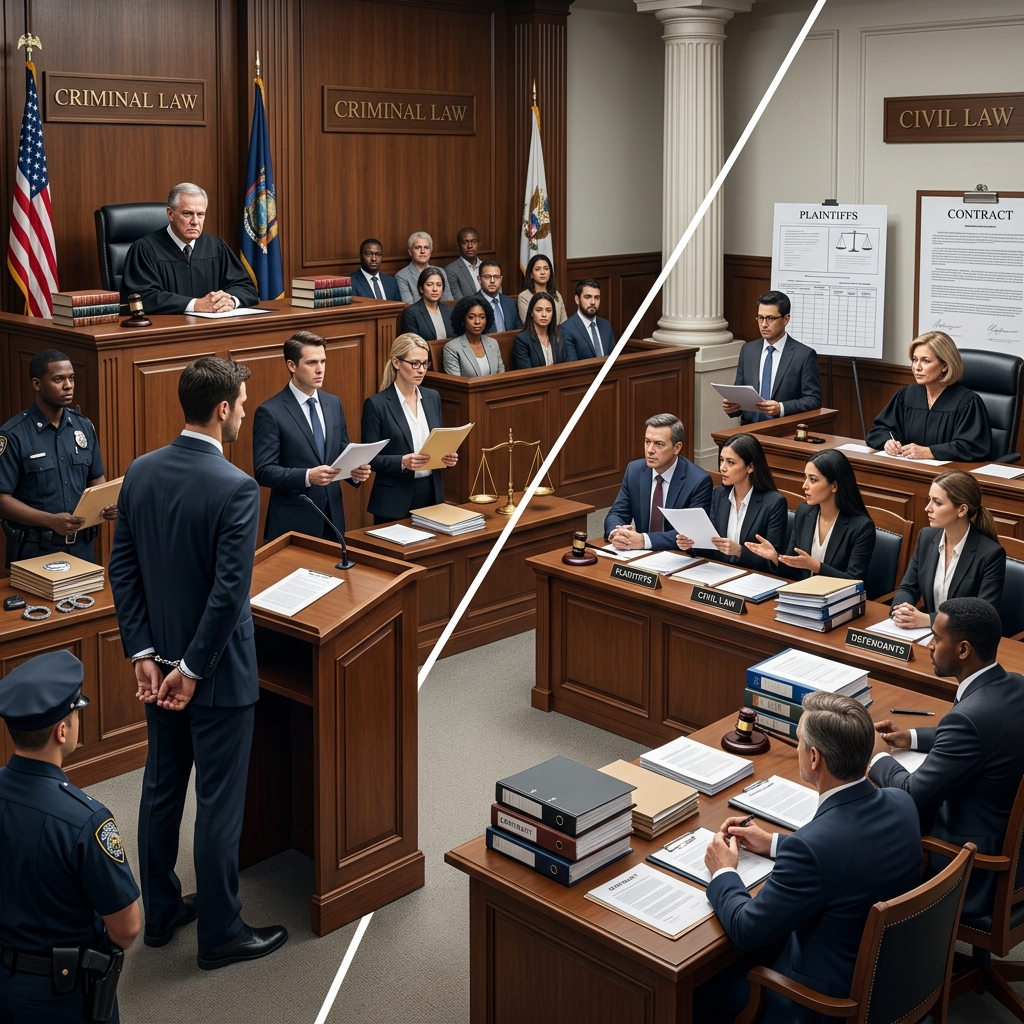 Learn how criminal and civil cases differ in purpose, process, burdens of proof, penalties, and your rights in each type of courtroom.
