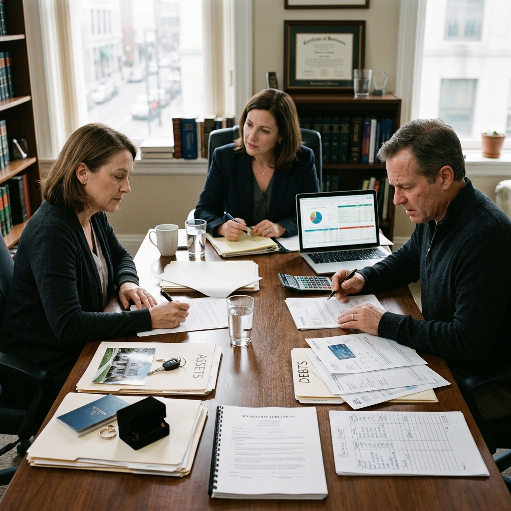 Understand how homes, savings, loans, and credit card balances are shared when a marriage or long‑term relationship comes to an end.
