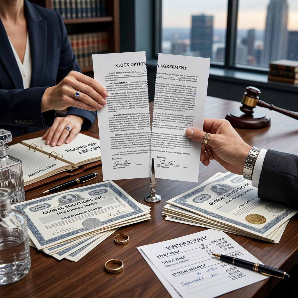 A practical guide to classifying, valuing, and dividing employee stock options and RSUs when a marriage ends.