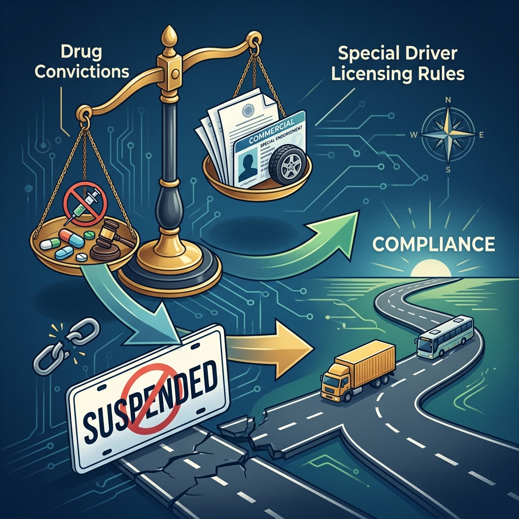 How drug-related convictions can affect your driving privileges and what special licensing rules may apply.