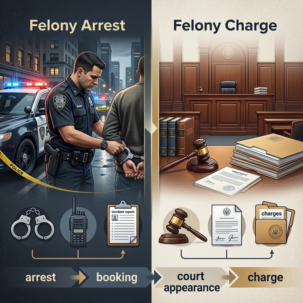 Learn how a felony arrest differs from a felony charge and what happens next.