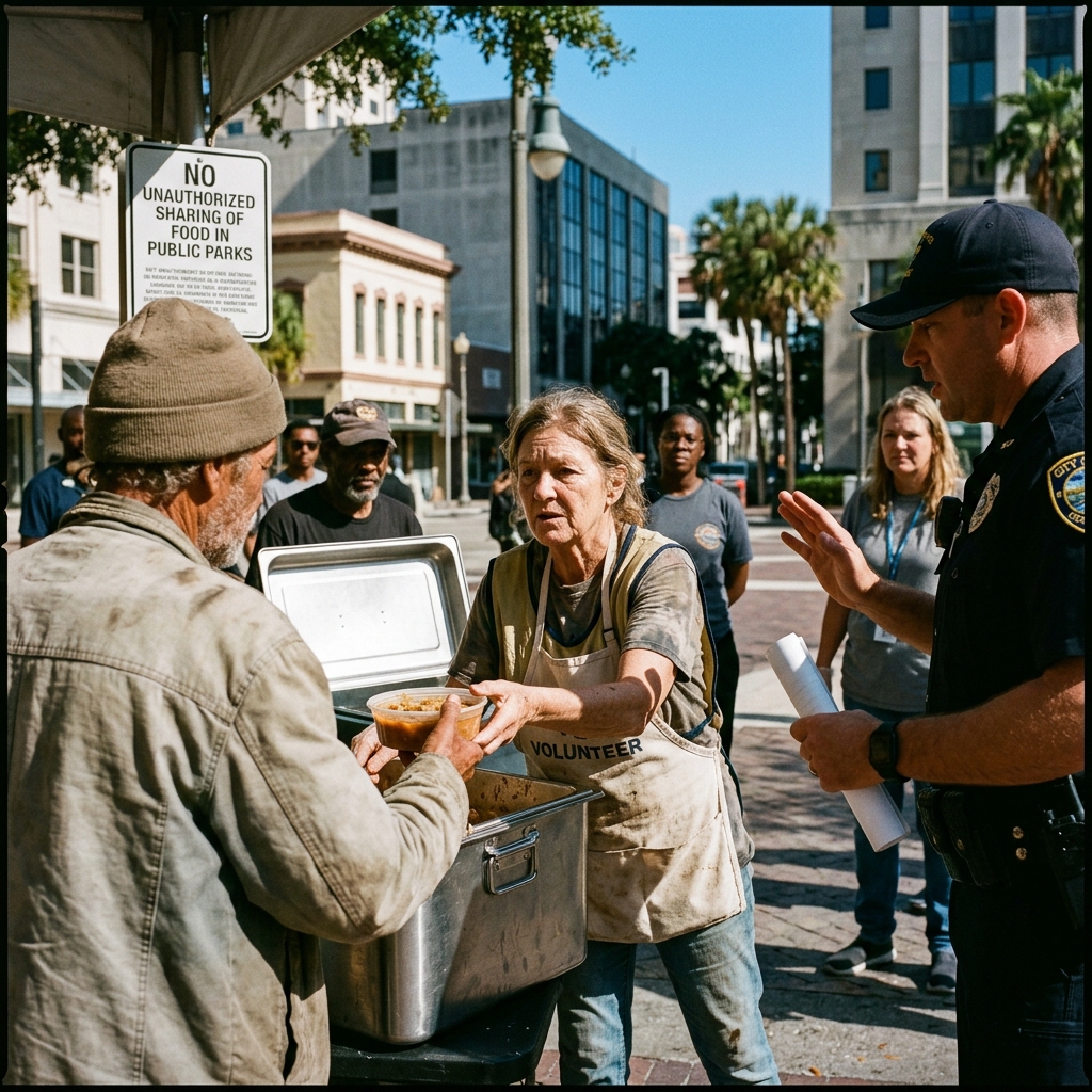 How permit rules, public parks, and local ordinances turned sharing food with homeless residents into an arrestable offense in Florida.