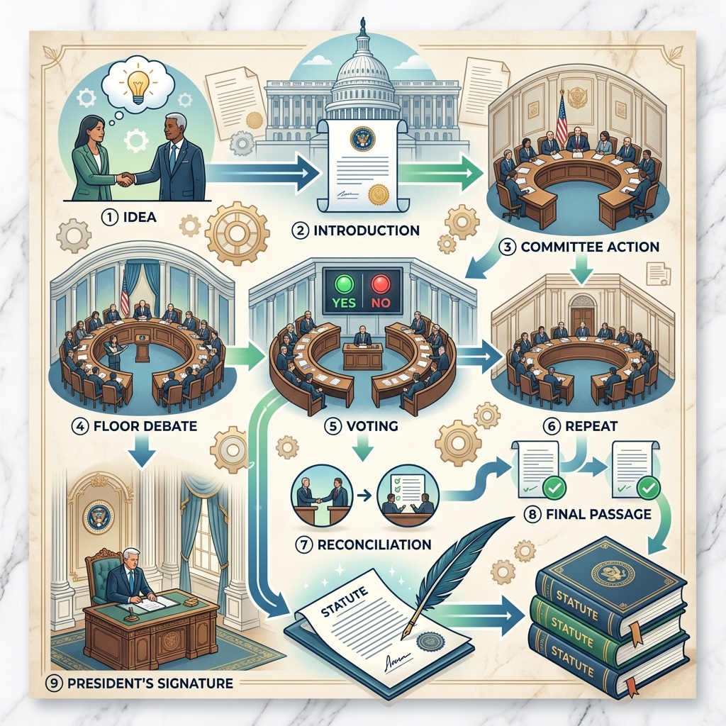 Follow a bill’s journey from a simple idea through Congress, the president, and final codification into enforceable law.