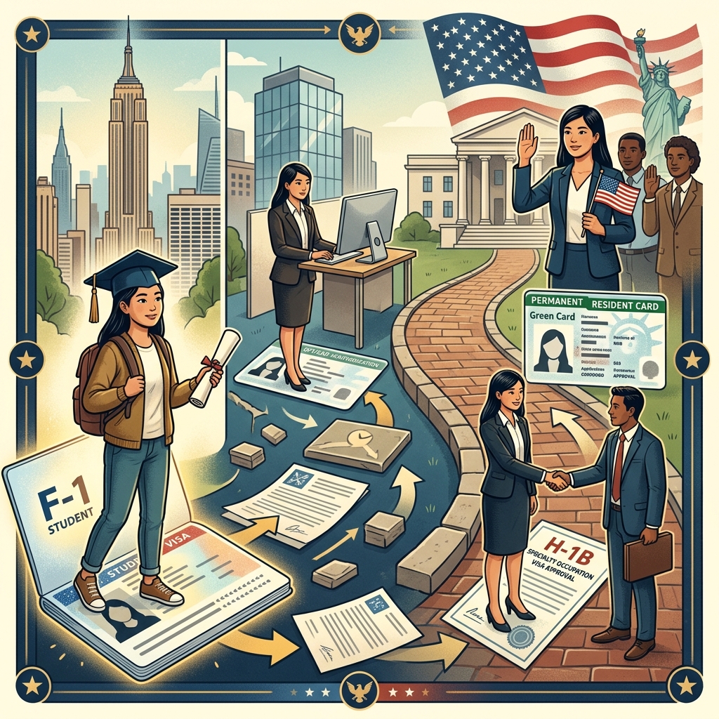 A practical guide for foreign students in the U.S. who want to move from F-1 study to work, permanent residence, and ultimately citizenship.