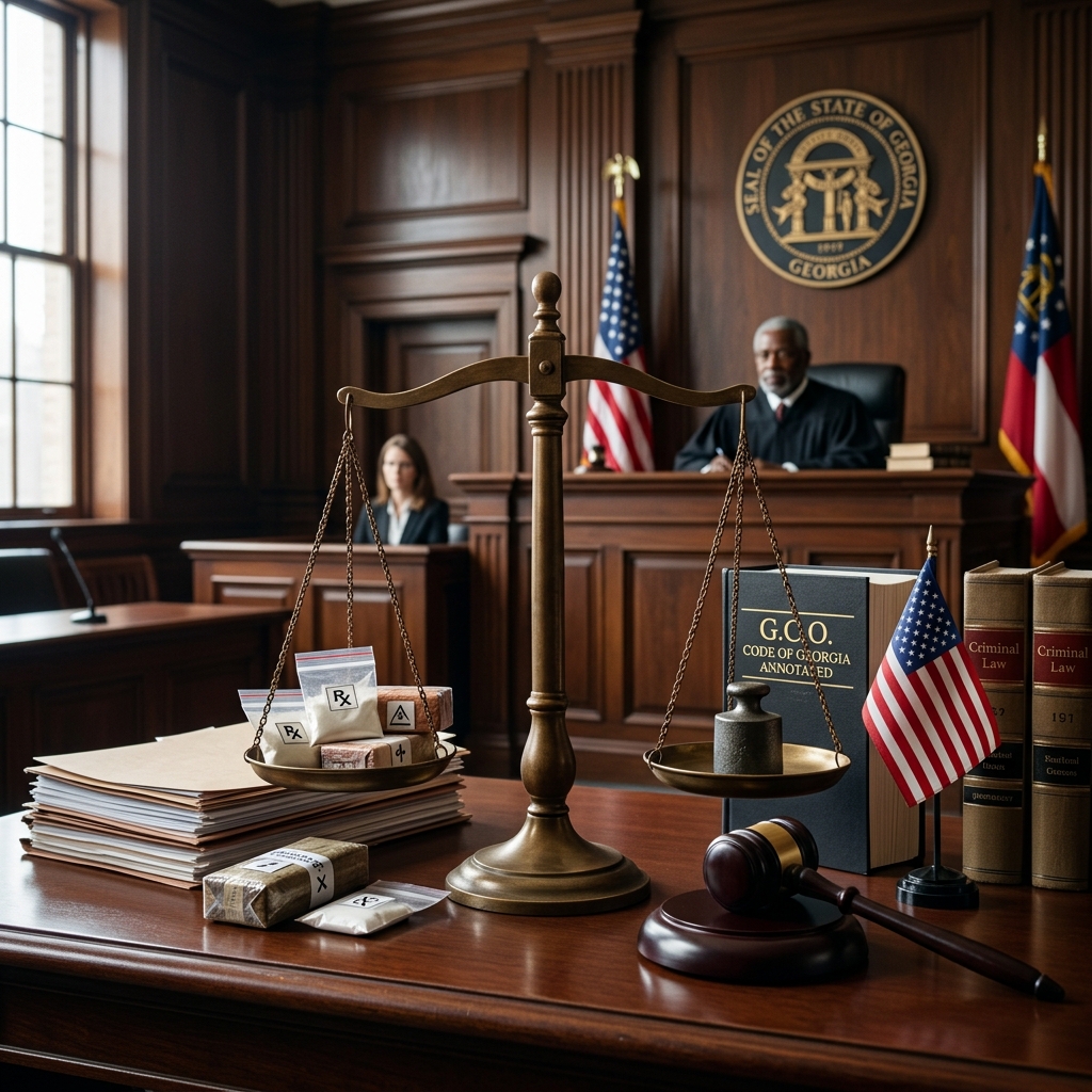 Understand how Georgia defines drug trafficking, the quantity thresholds, mandatory minimum sentences, and financial penalties under state law.