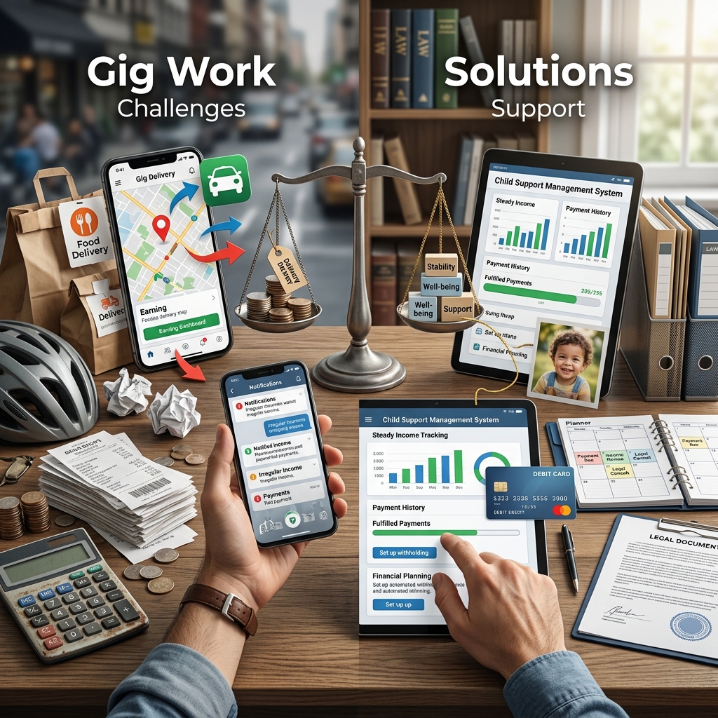 How nontraditional, gig-based income affects child support orders, enforcement, and families in the digital labor market.
