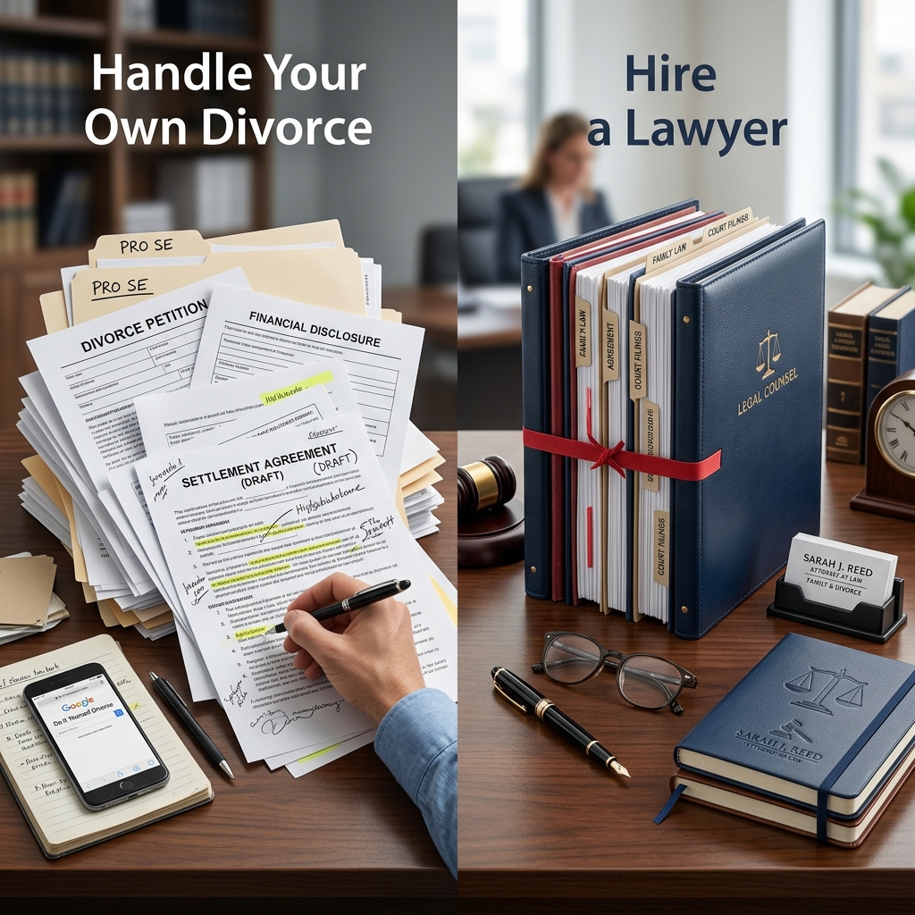 Understand when a do-it-yourself divorce makes sense, when legal representation is safer, and how to choose the right path for your situation.
