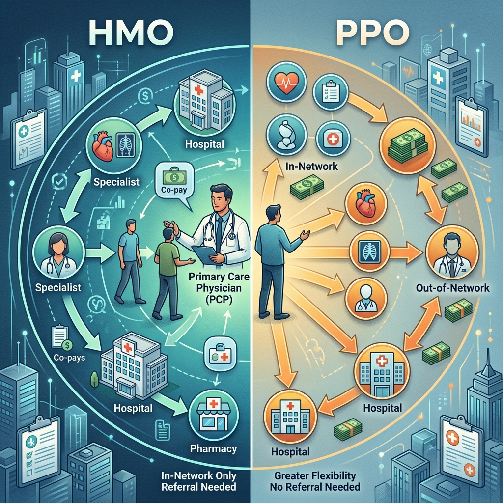 Learn how HMO and PPO plans differ in cost, access, referrals, and out-of-network coverage.