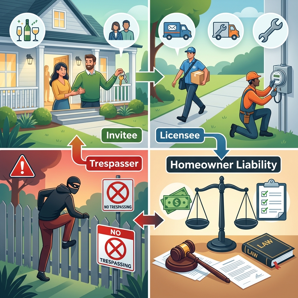 A practical guide to how homeowner liability changes with invitees, licensees, trespassers, and the level of care owed to each type of visitor.