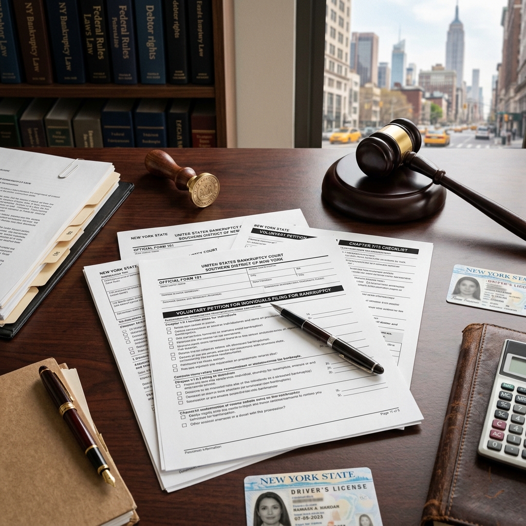 Understand the New York bankruptcy process from first warning signs of debt trouble to discharge, including timelines, costs, forms, and key legal requirements.