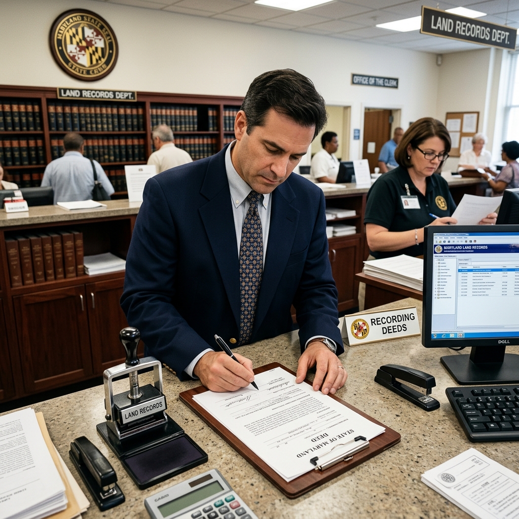 A practical step-by-step guide to preparing, taxing, and recording real estate deeds in Maryland, from draft to land records.