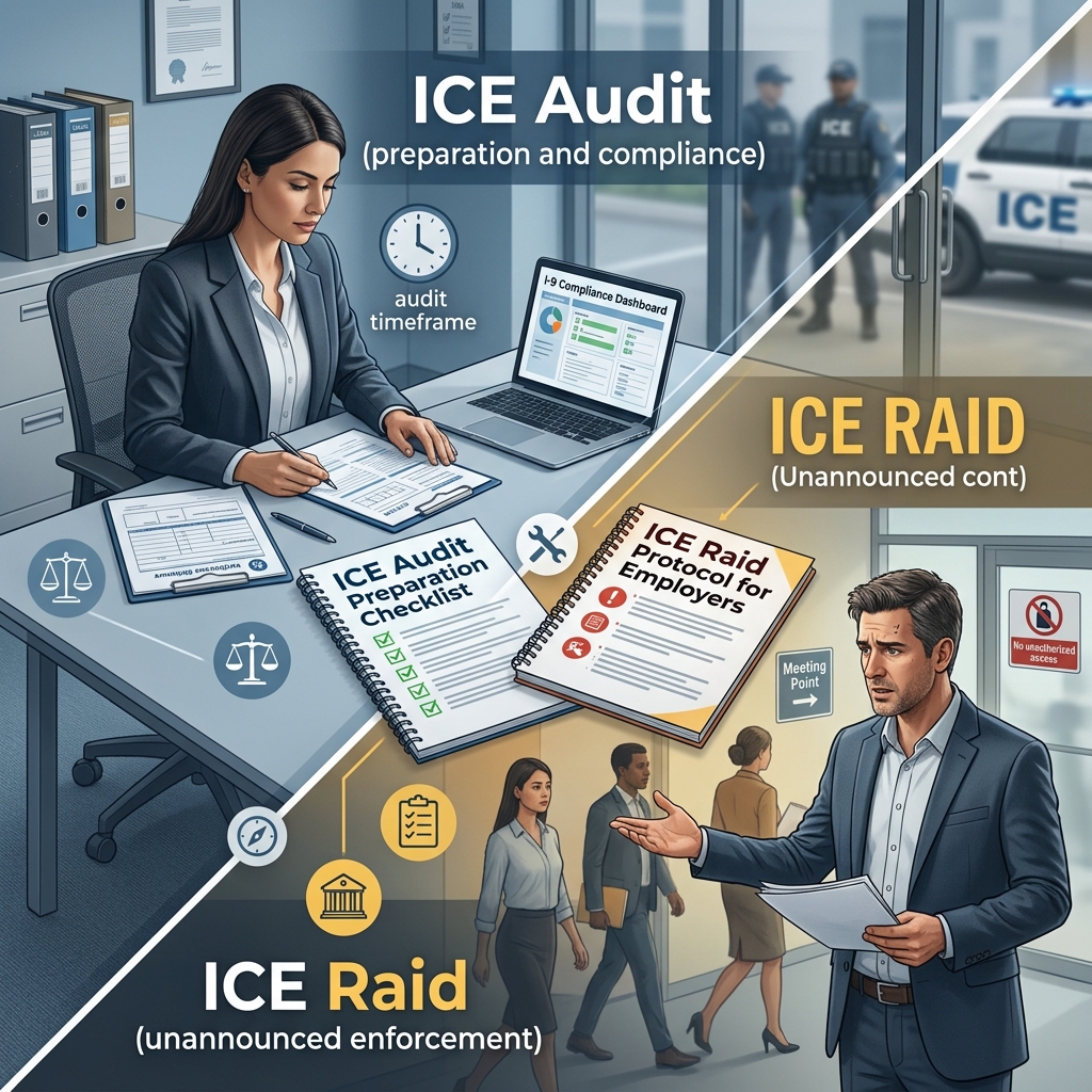 Understand the real differences between ICE raids and I‑9 audits, and learn how to protect your workplace with clear, lawful preparation.