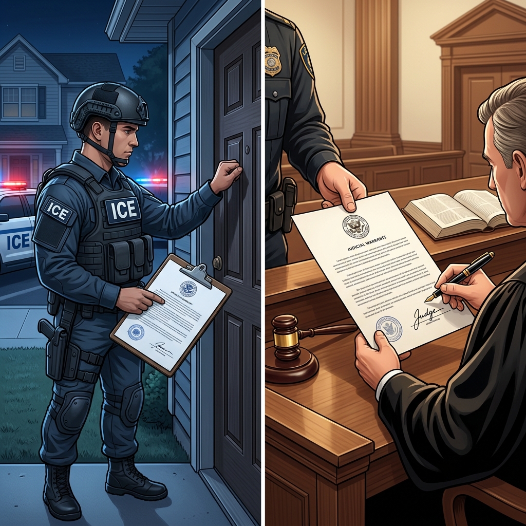 Learn how to recognize ICE warrants, distinguish them from judicial warrants, and assert your rights safely at home or at work.