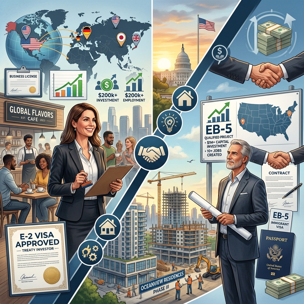 A practical guide to how E‑2 treaty investor and EB‑5 immigrant investor visas work, who qualifies, and what investors should know.