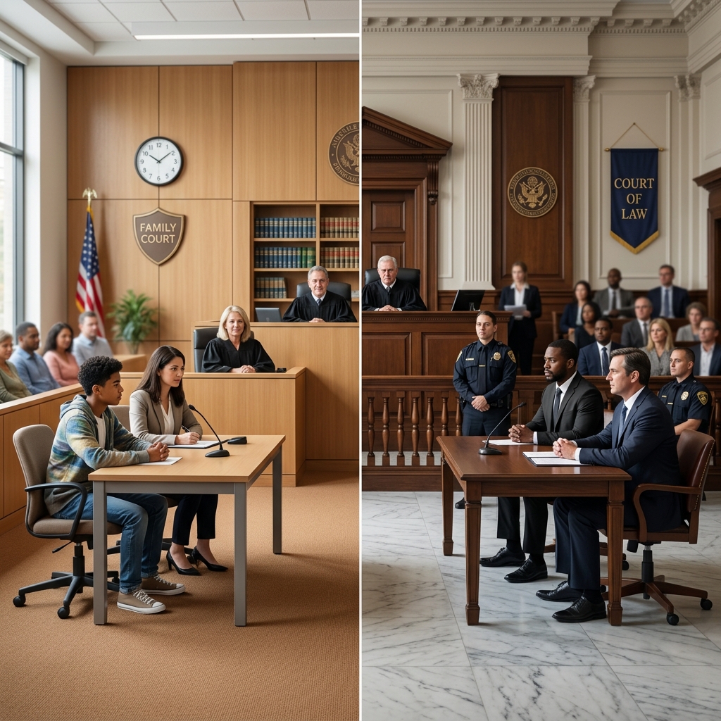 Understanding how juvenile and adult criminal courts differ in purpose, process, and outcomes for young people and communities.