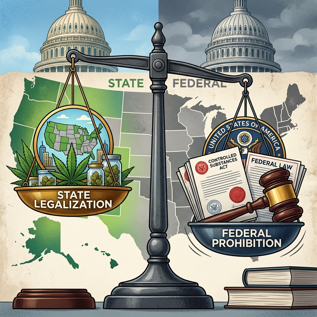 How federal drug laws, state legalization measures, and constitutional principles combine to make cannabis both legal and illegal at the same time.