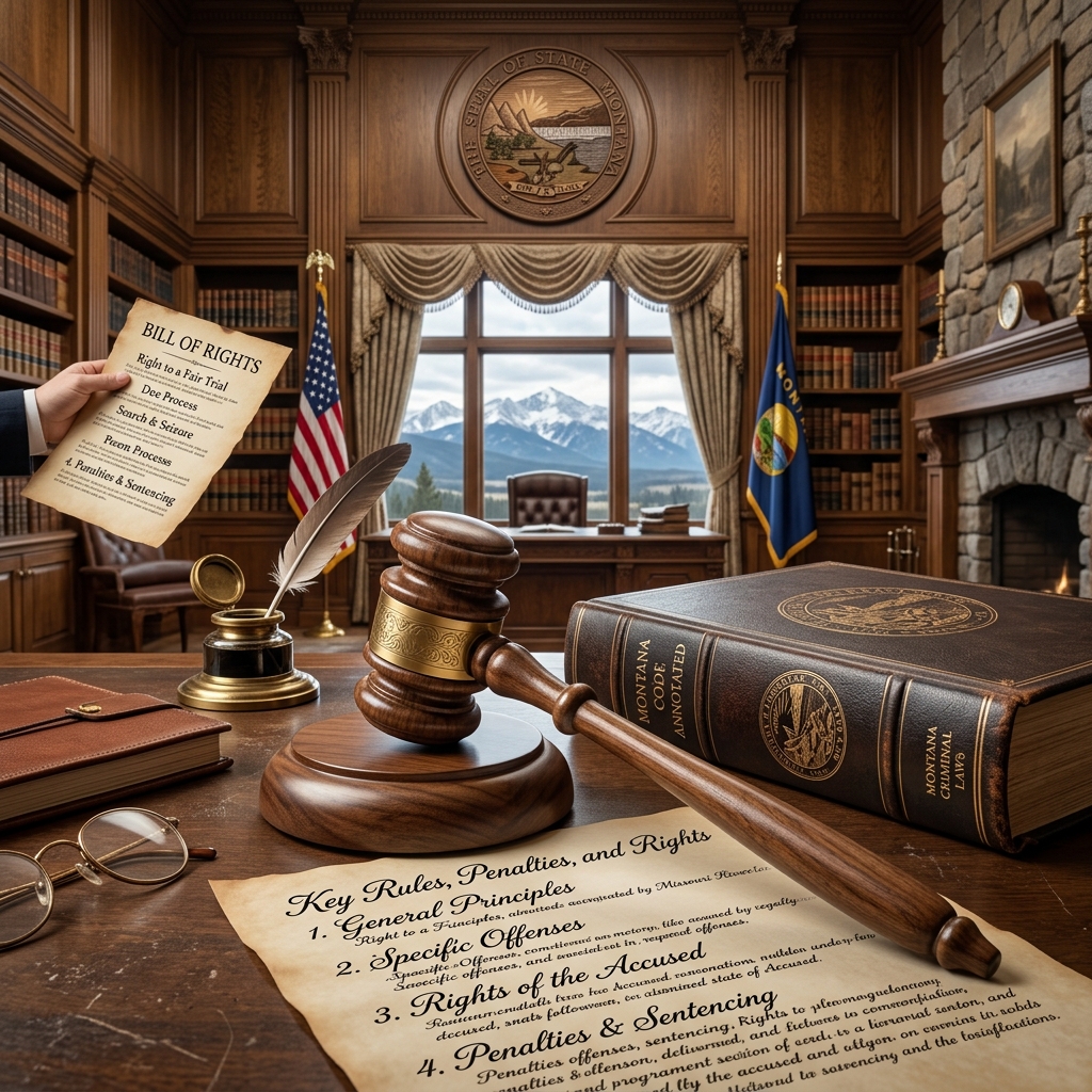 A practical guide to how Montana defines crimes, sets penalties, limits prosecutions, and protects the rights of defendants and victims.