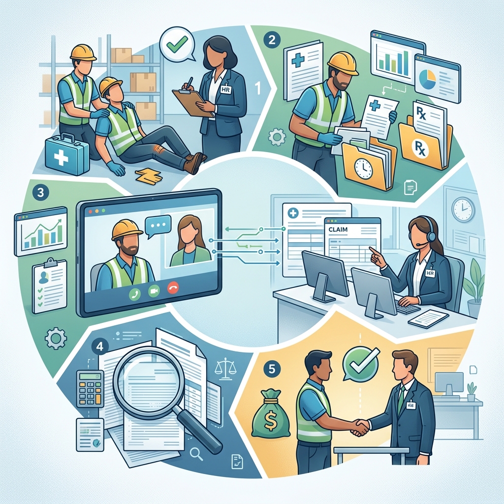 A practical, step-by-step guide to dealing with your employer’s workers’ compensation insurance company and claims adjuster after a job-related injury.