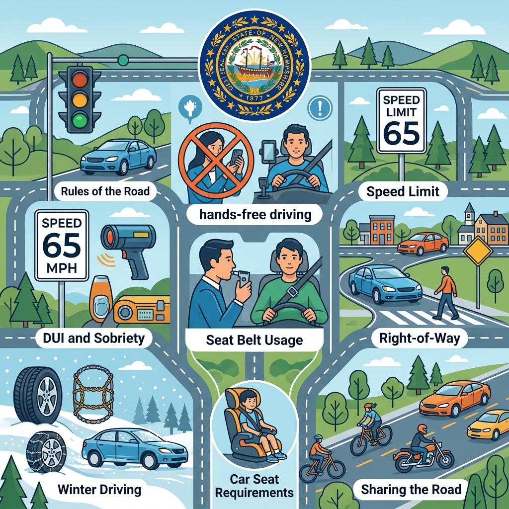 A practical guide to New Hampshire road rules, penalties, and everyday driving duties.