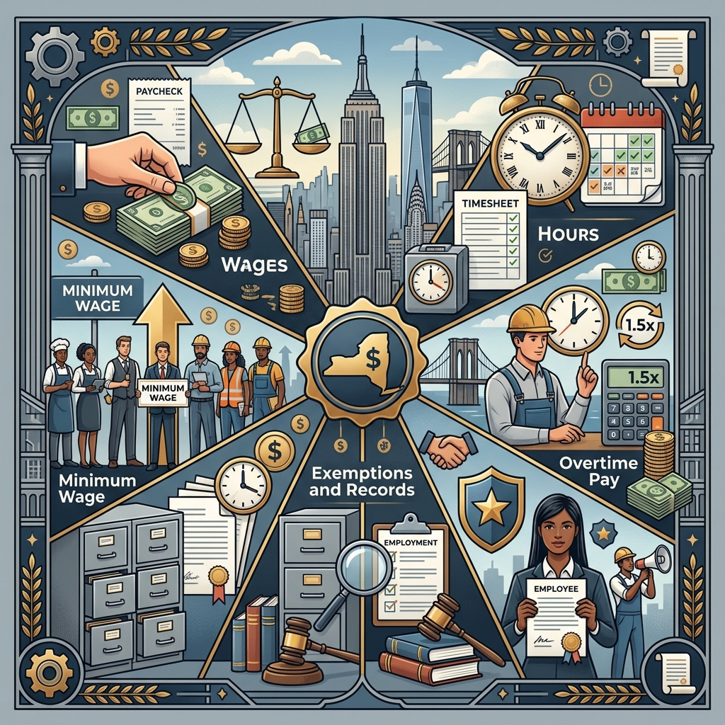 A practical overview of pay rules, overtime, breaks, and worker protections in New York.