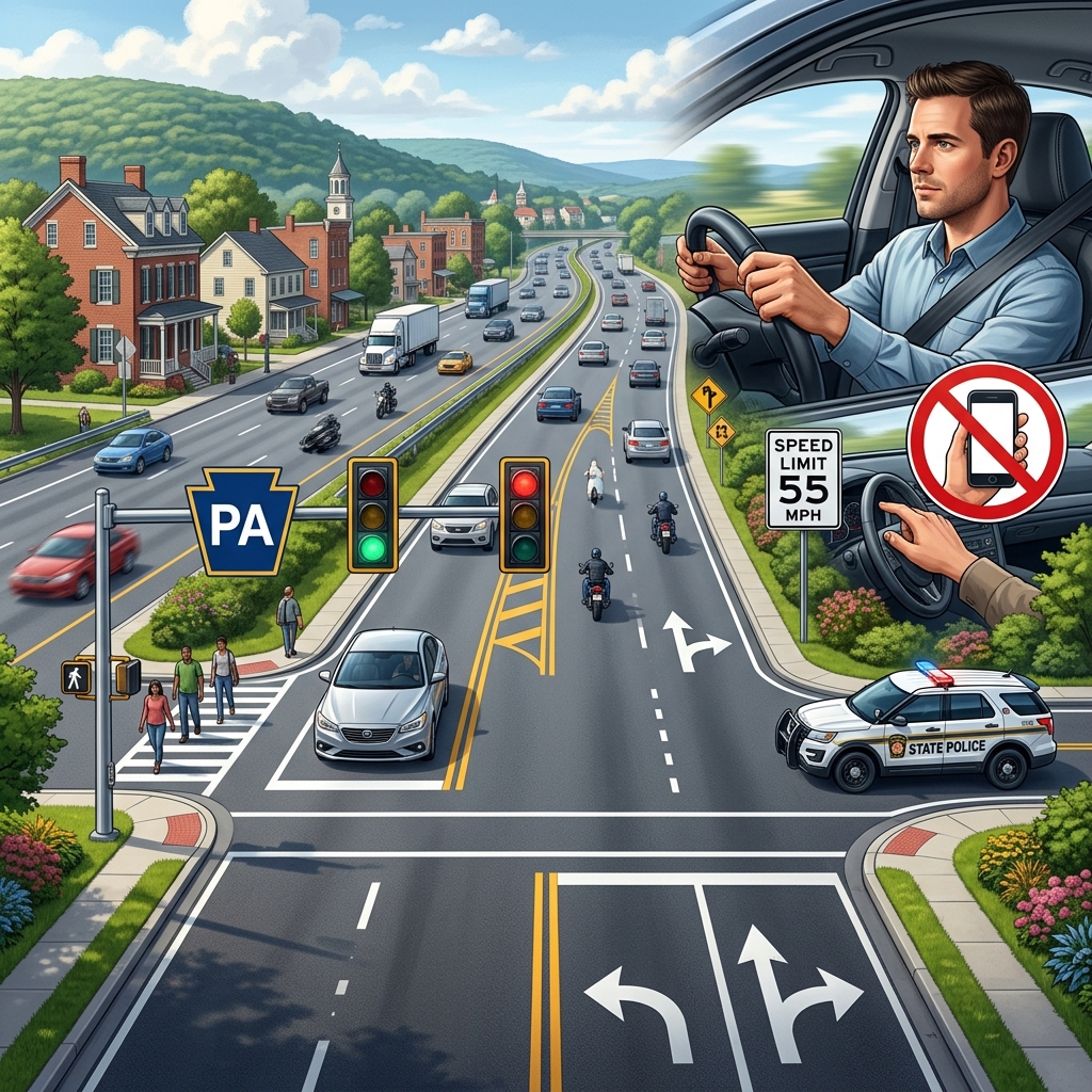 A practical overview of Pennsylvania driving rules, penalties, and roadway safety requirements.
