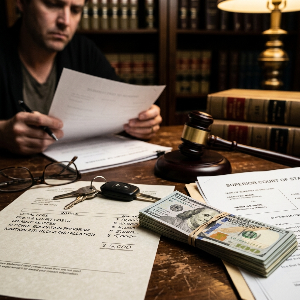 A detailed breakdown of the hidden and obvious costs of a first DUI, from court fines to insurance hikes and long-term financial impact.
