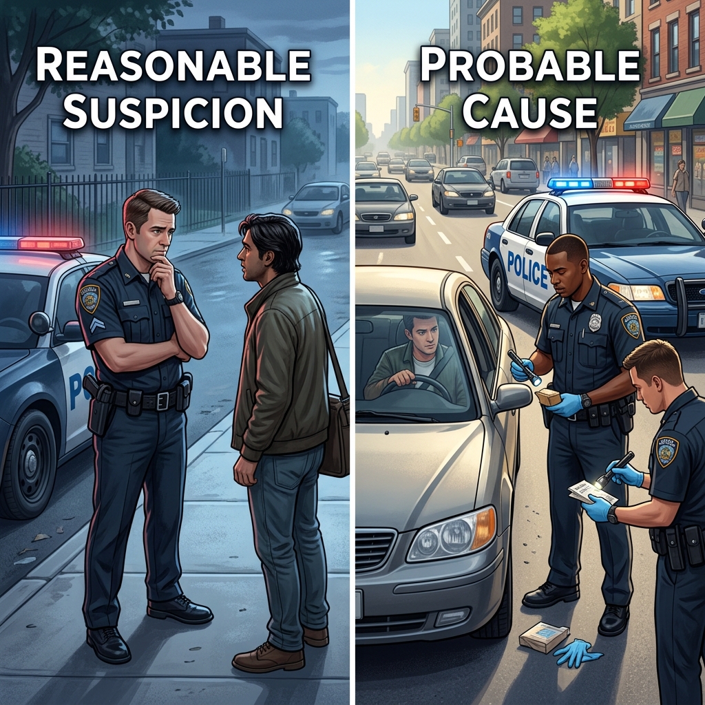Understand how reasonable suspicion and probable cause limit police stops, searches, and arrests under the Fourth Amendment.