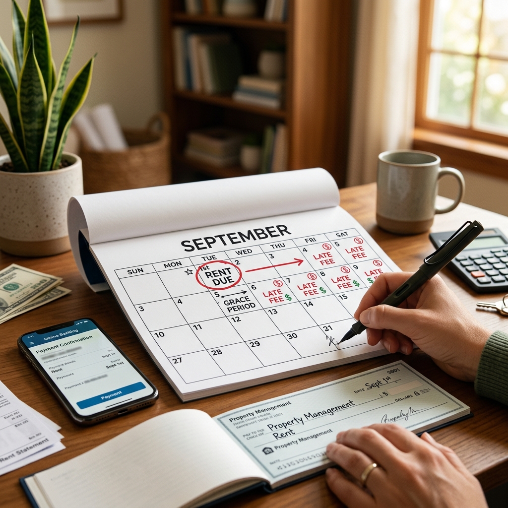 Learn how rent due dates, grace periods, late fees, and state rules interact so tenants and landlords can manage payments lawfully and confidently.