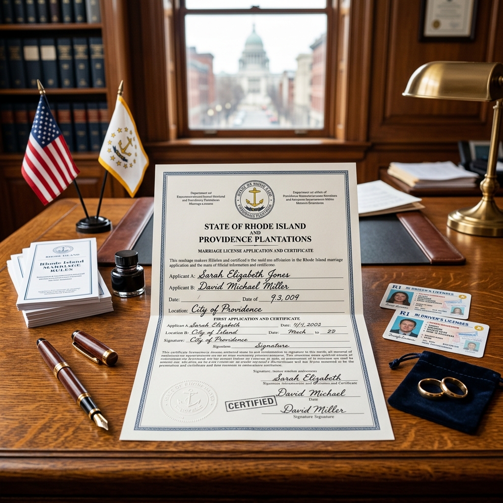 Learn what Rhode Island requires for a marriage license, who applies, and what documents couples should bring.